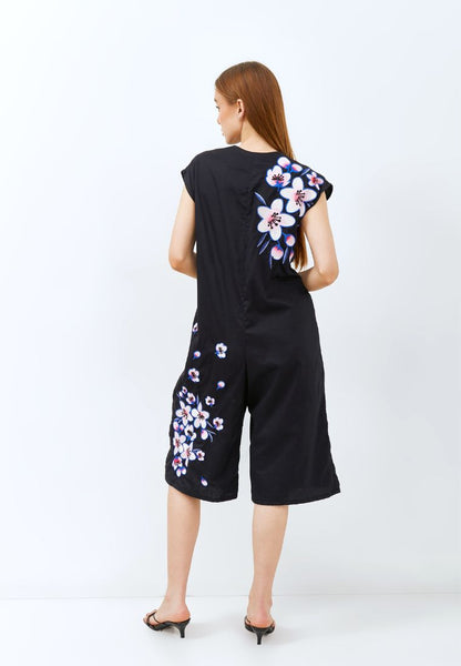 CHERRY BLOSSOM Embroidery Black Jumpsuit