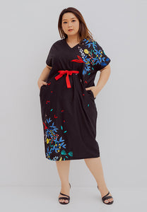BLACK 花 HANA Embroidery Midi Kimono Dress