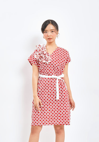 KAWUNG TILES Ruffles Red Kimono Dress