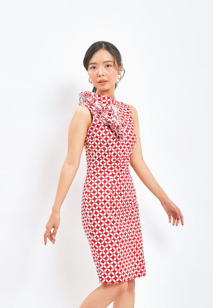 KAWUNG TILES Ruffles Red Cheongsam Dress