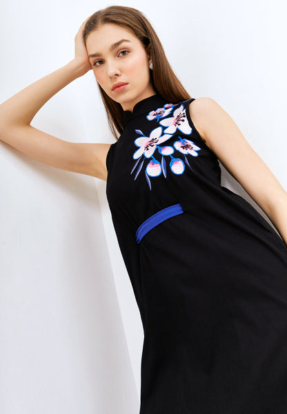 CHERRY BLOSSOM Embroidery Black Midi Cheongsam Dress
