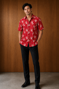 BUTTERFLY Red Man Batik Shirt With Point Collar