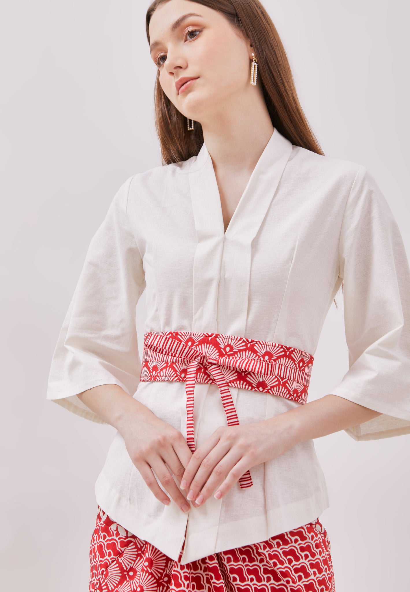 Red Batik Obi Belt (Peacock/Stripes)