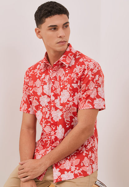 PERANAKAN PAWS Red Man Shirt with Point Collar