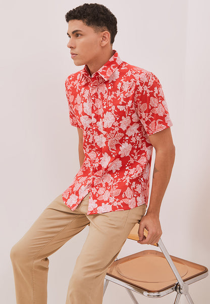 PERANAKAN PAWS Red Man Shirt with Point Collar