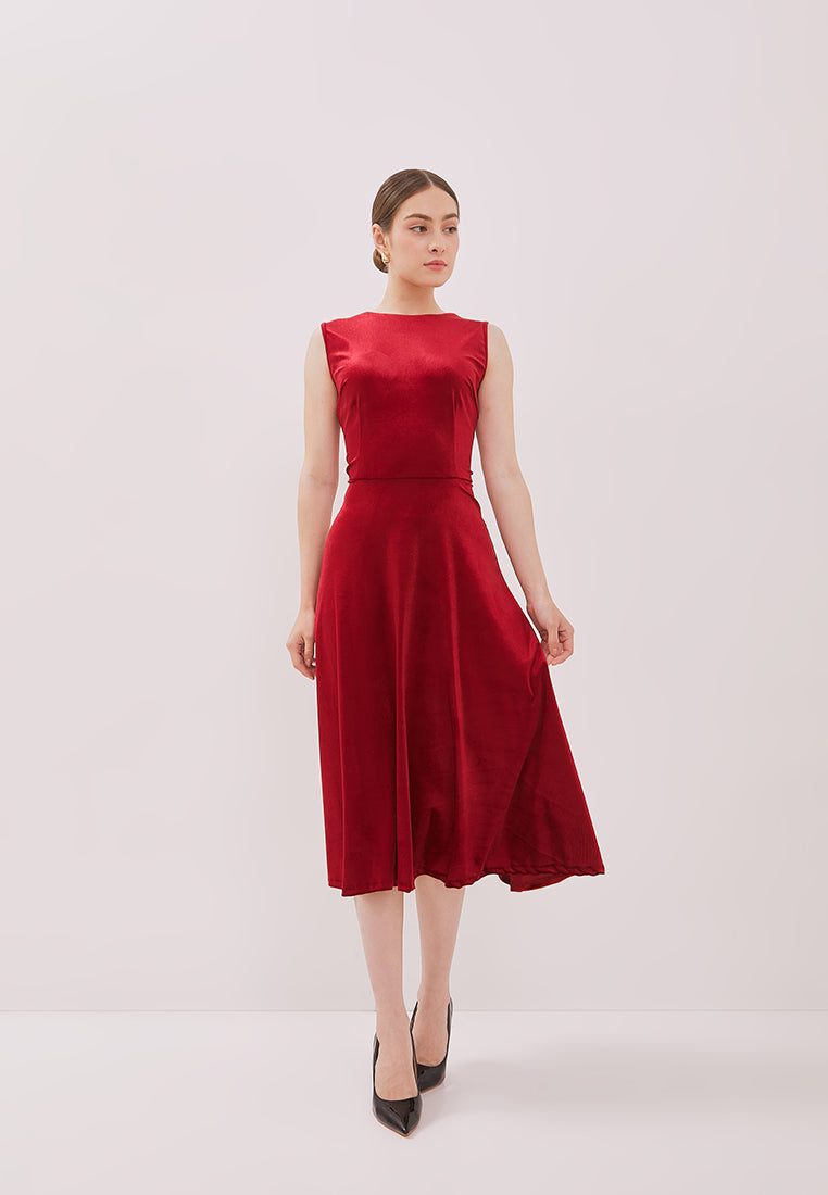 red velvet fit and flare dress Fit and Flare Off Shoulder Sleeve Deep Red Velvet Party Dress