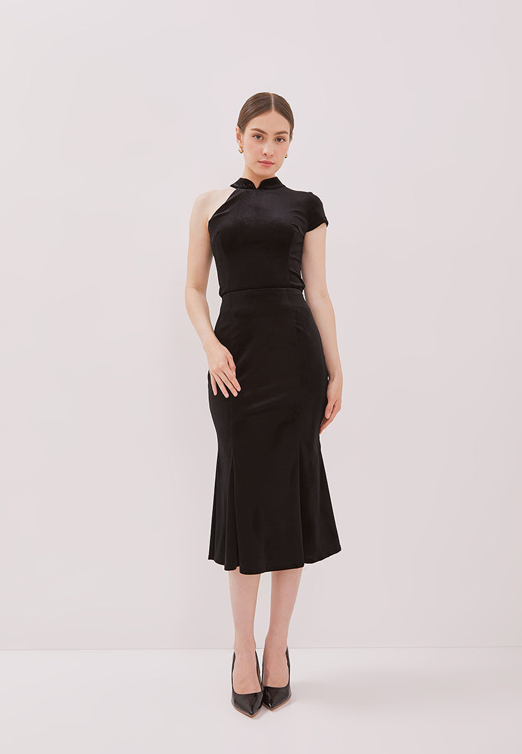 VELVET Black Asymmetrical Cheongsam Top