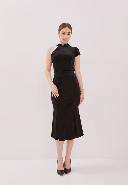 VELVET Black Asymmetrical Cheongsam Top