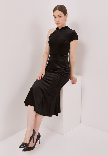 VELVET Black Asymmetrical Cheongsam Top