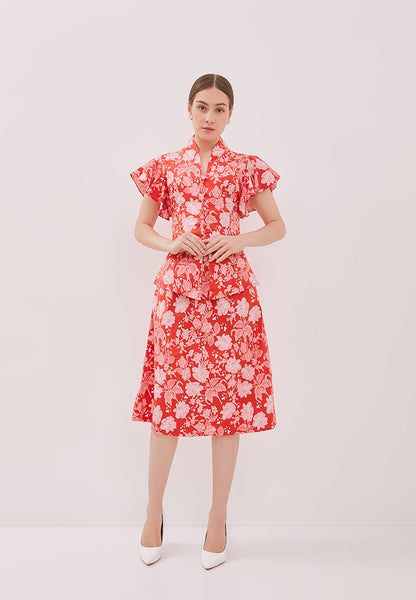 PERANAKAN PAWS Red Kebaya Flutter Sleeve Top