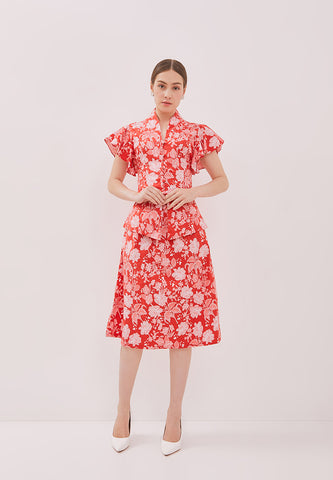 PERANAKAN PAWS Red Kebaya Flutter Sleeve Top
