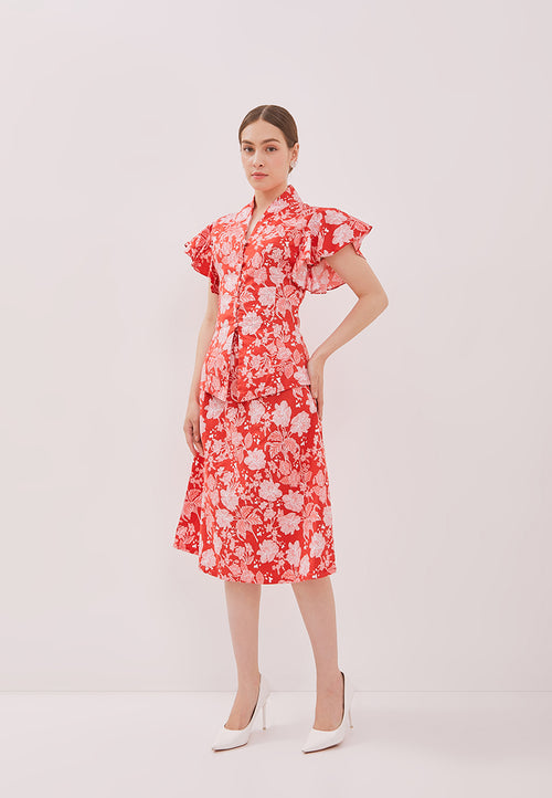 PERANAKAN PAWS Red Kebaya Flutter Sleeve Top
