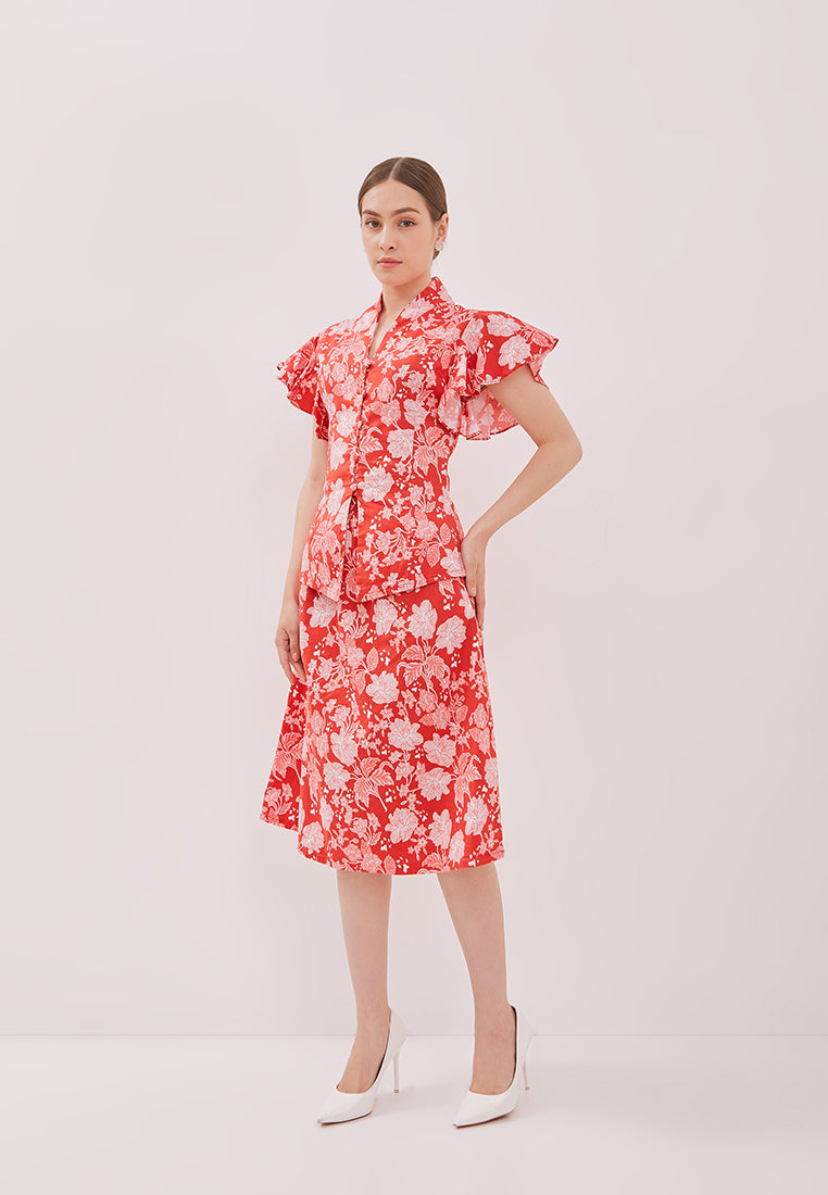PERANAKAN PAWS Red Straight Skirt