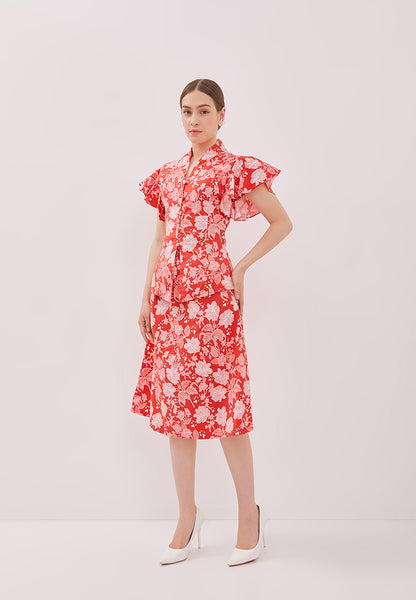 PERANAKAN PAWS Red Kebaya Flutter Sleeve Top