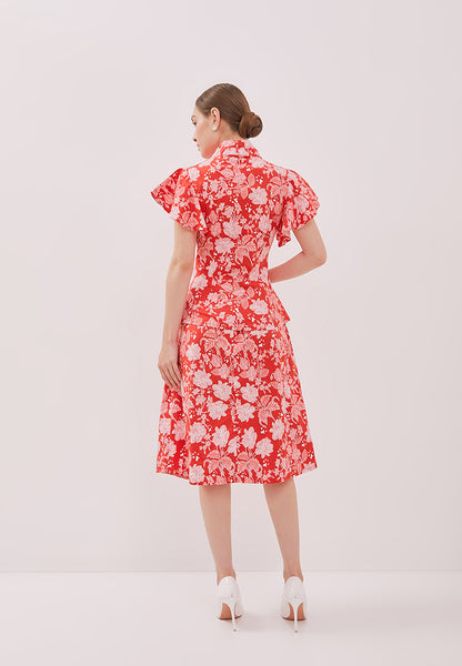 PERANAKAN PAWS Red Kebaya Flutter Sleeve Top