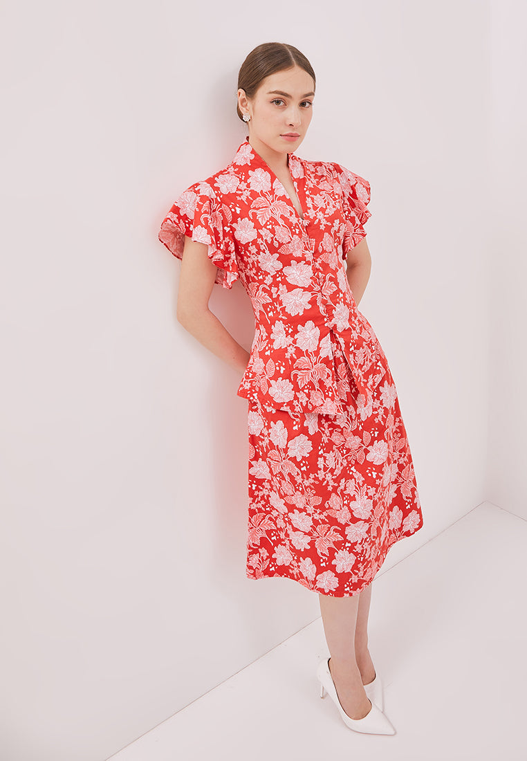 PERANAKAN PAWS Red Kebaya Flutter Sleeve Top