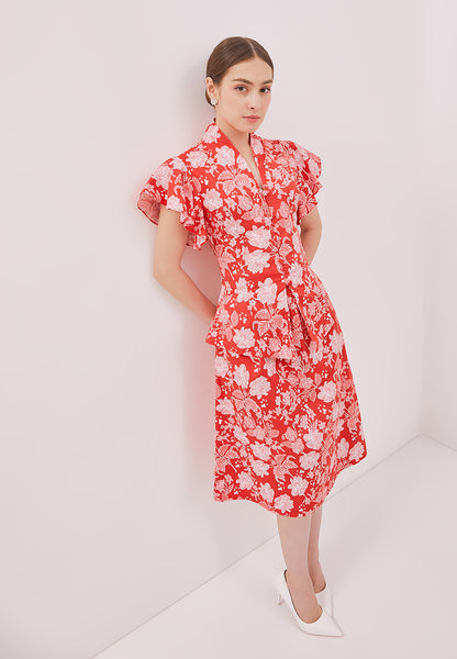 PERANAKAN PAWS Red Kebaya Flutter Sleeve Top