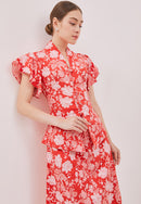 PERANAKAN PAWS Red Kebaya Flutter Sleeve Top