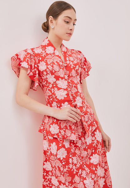 PERANAKAN PAWS Red Kebaya Flutter Sleeve Top