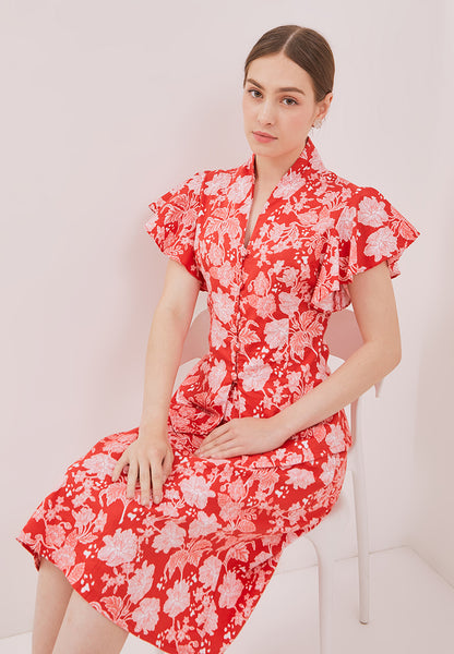 PERANAKAN PAWS Red Kebaya Flutter Sleeve Top