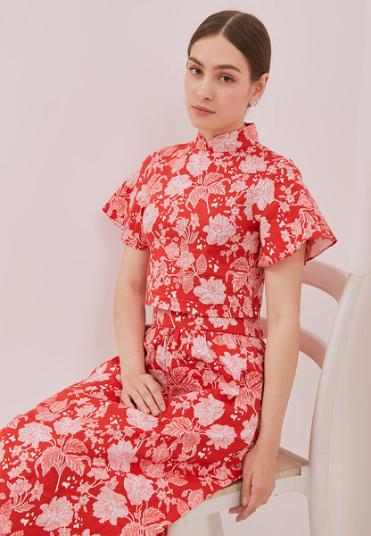 PERANAKAN PAWS Red Sleeve Crop Top