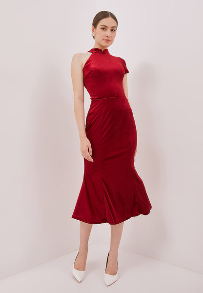 VELVET Red Asymmetrical Cheongsam Top
