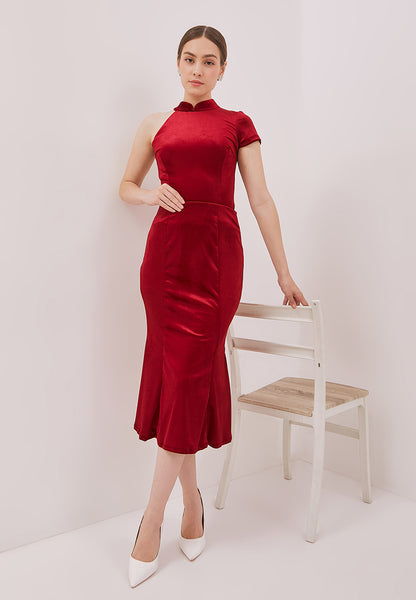 VELVET Red Asymmetrical Cheongsam Top
