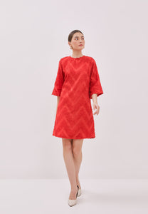 3D Tenun Red Shift dress with sleeve