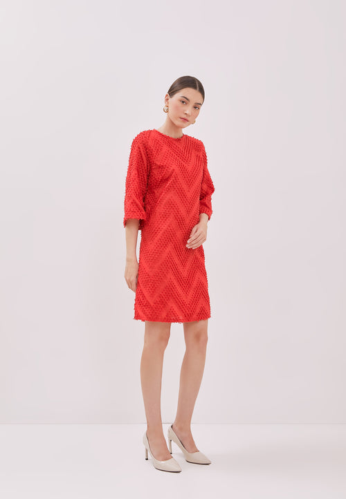 3D Tenun Red Shift dress with sleeve