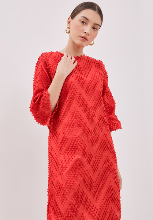 3D Tenun Red Shift dress with sleeve