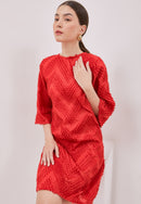 3D Tenun Red Shift dress with sleeve
