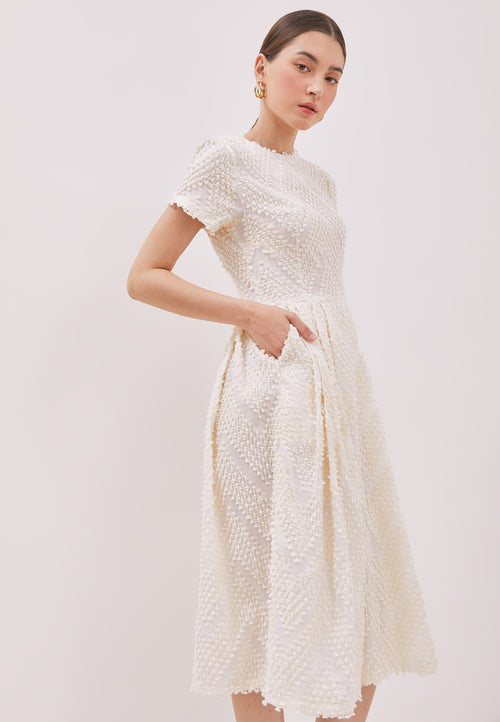 3D Tenun White Fit and Flare Dress