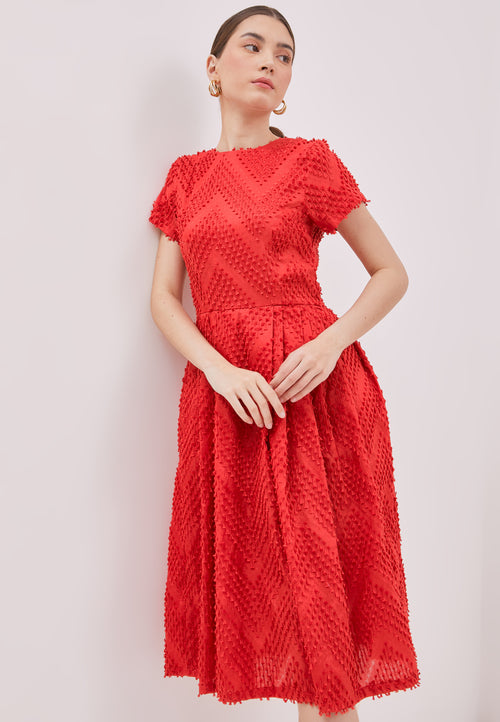 3D Tenun Red Fit and Flare Dress