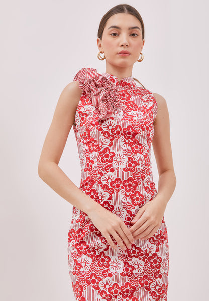 BANGKIT Ruffles Red Batik Cheongsam Dress