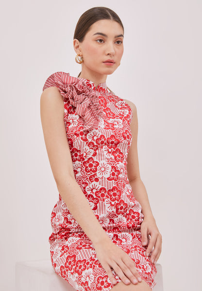 BANGKIT Ruffles Red Batik Cheongsam Dress