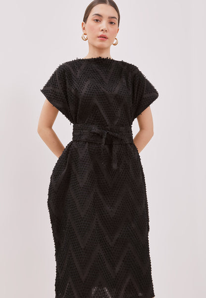 3D Tenun Black Midi Kimono Dress