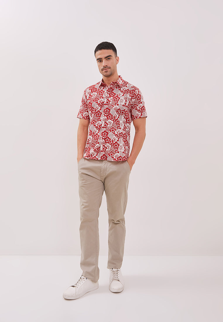 BANGKIT Red Man Batik Shirt With Point Collar