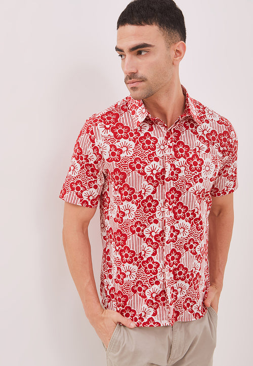BANGKIT Red Man Batik Shirt With Point Collar