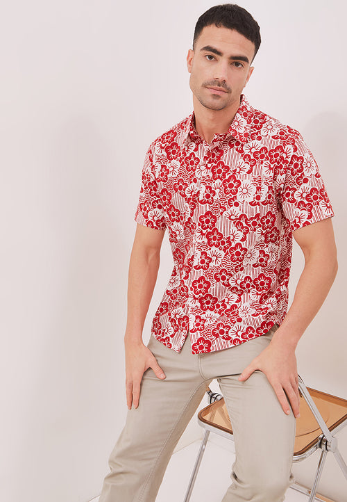 BANGKIT Red Man Batik Shirt With Point Collar