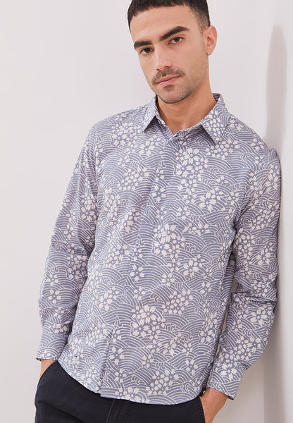 SAKURA Grey Man Batik Long Sleeve Shirt With Point Collar