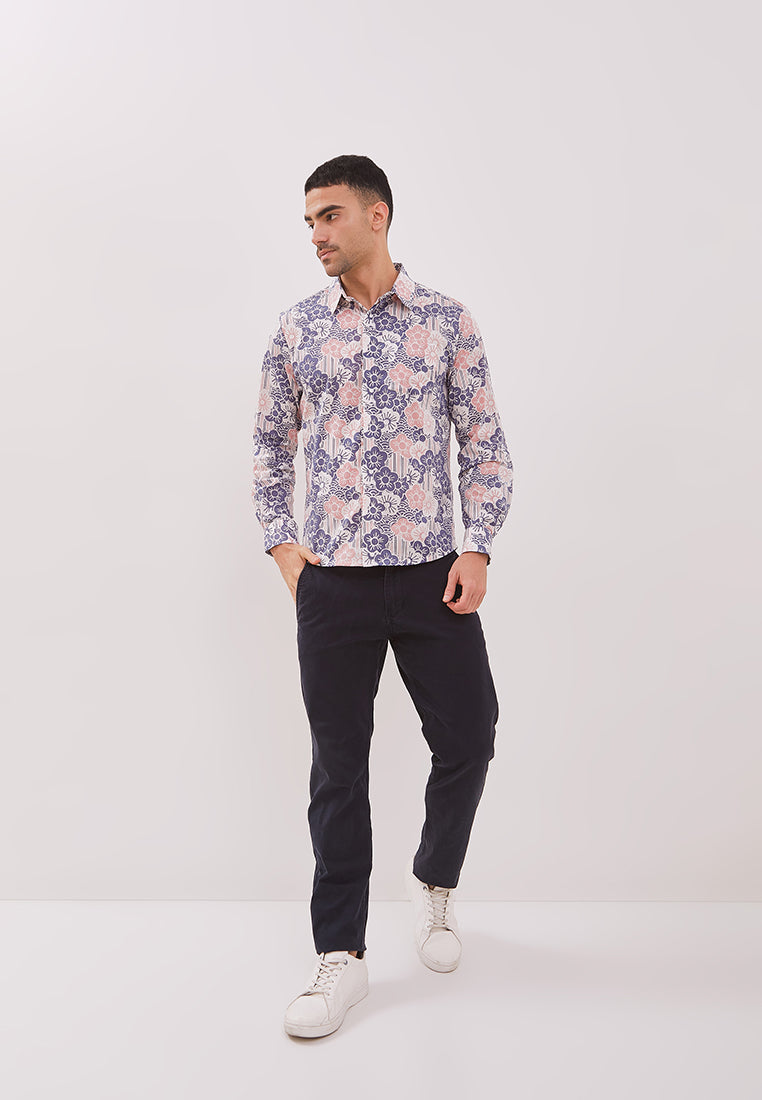 BANGKIT Blue & Pink Man Batik Long Sleeve Shirt With Point Collar
