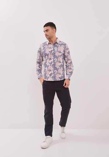 BANGKIT Blue & Pink Man Batik Long Sleeve Shirt With Point Collar