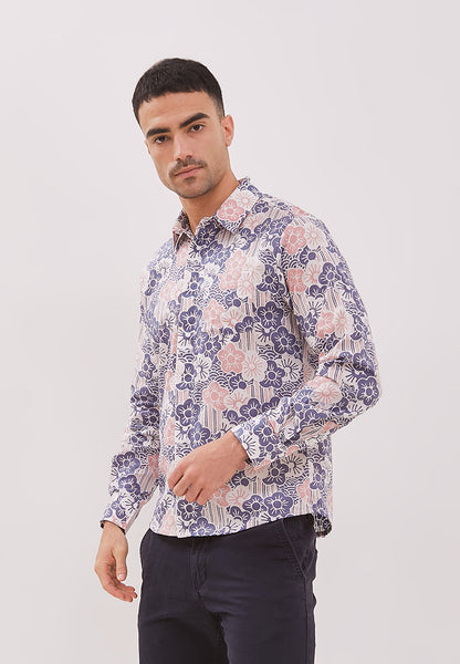 BANGKIT Blue & Pink Man Batik Long Sleeve Shirt With Point Collar