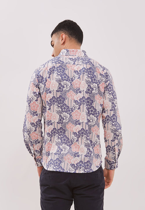 BANGKIT Blue & Pink Man Batik Long Sleeve Shirt With Point Collar