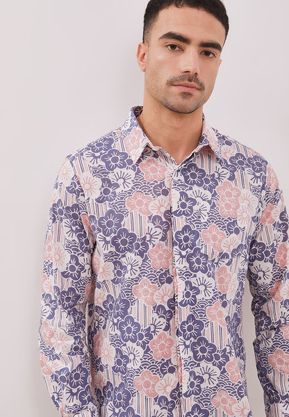 BANGKIT Blue & Pink Man Batik Long Sleeve Shirt With Point Collar