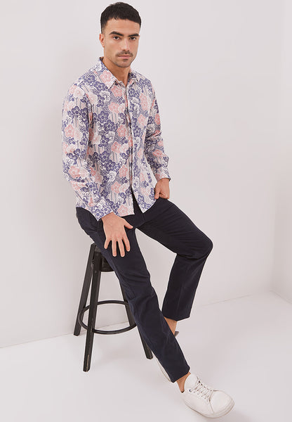 BANGKIT Blue & Pink Man Batik Long Sleeve Shirt With Point Collar