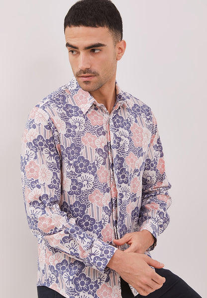 BANGKIT Blue & Pink Man Batik Long Sleeve Shirt With Point Collar