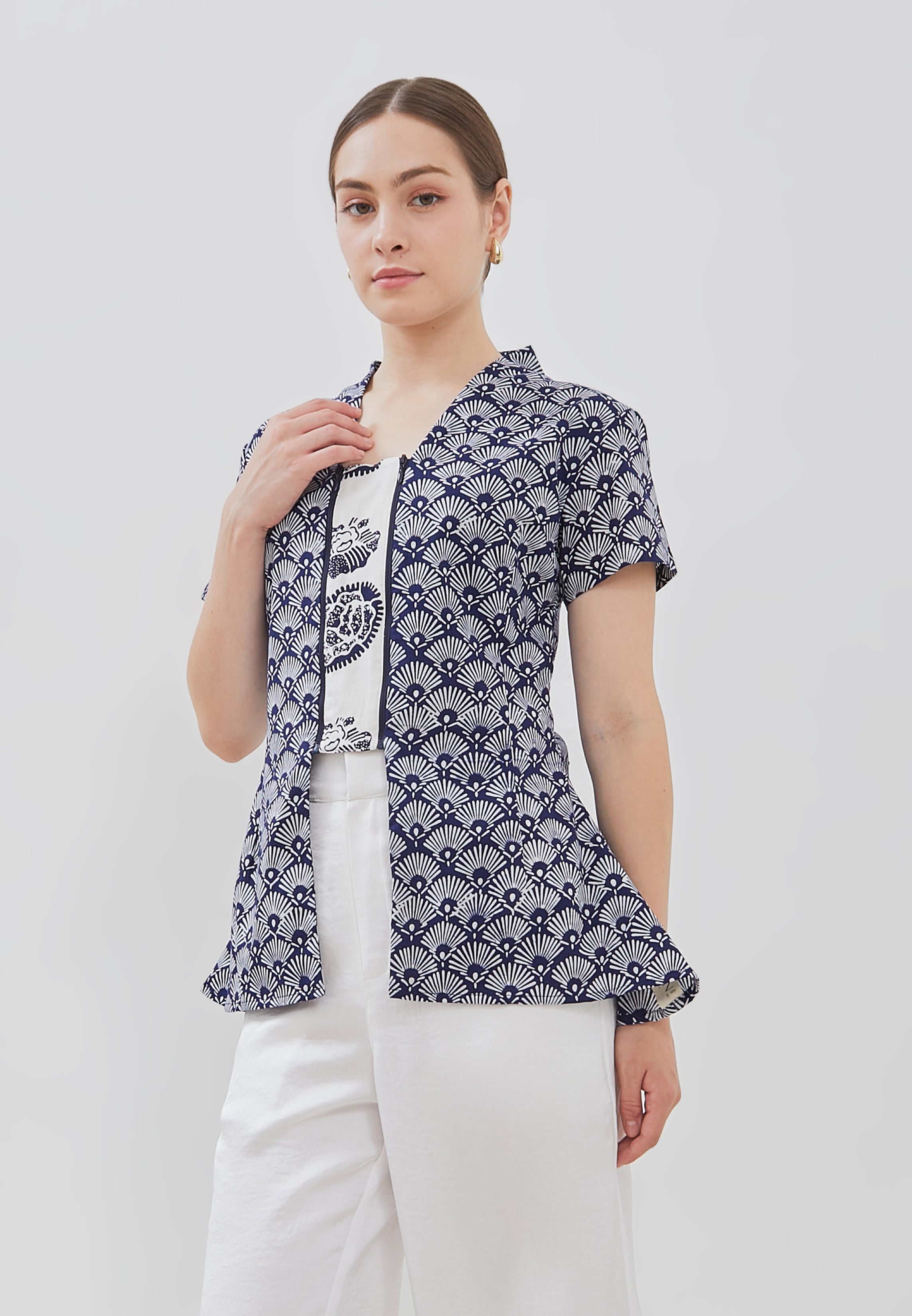 PEACOCK Navy Batik Kebaya Peplum Top