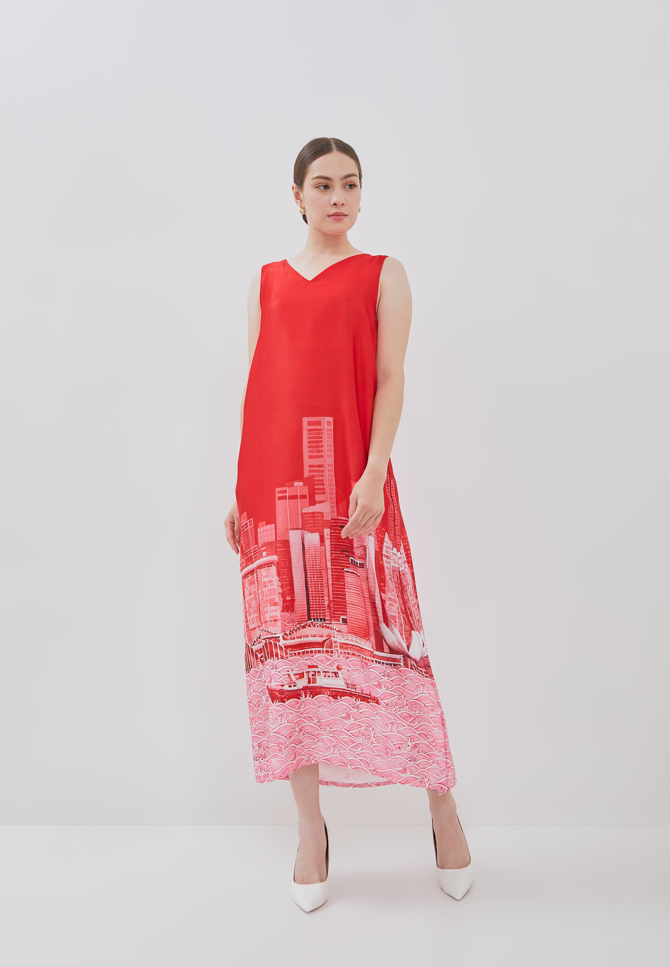 SINGAPORE SKYLINE Red Maxi Dress
