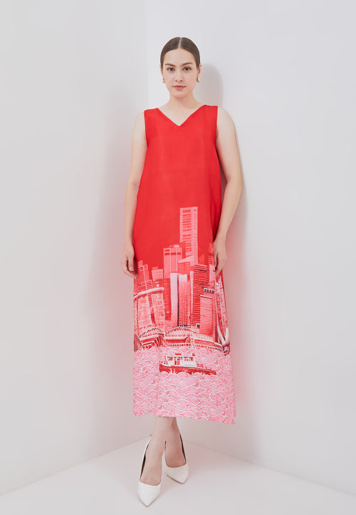 SINGAPORE SKYLINE Red Maxi Dress